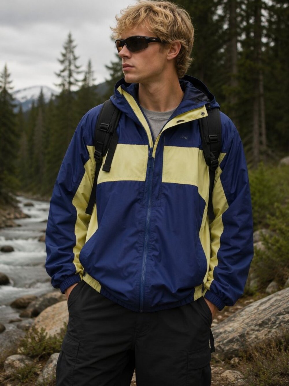 Stearns Drywear Men’s Colorblock Hooded Jacket Blue Yellow Size XL Gorpcore outd